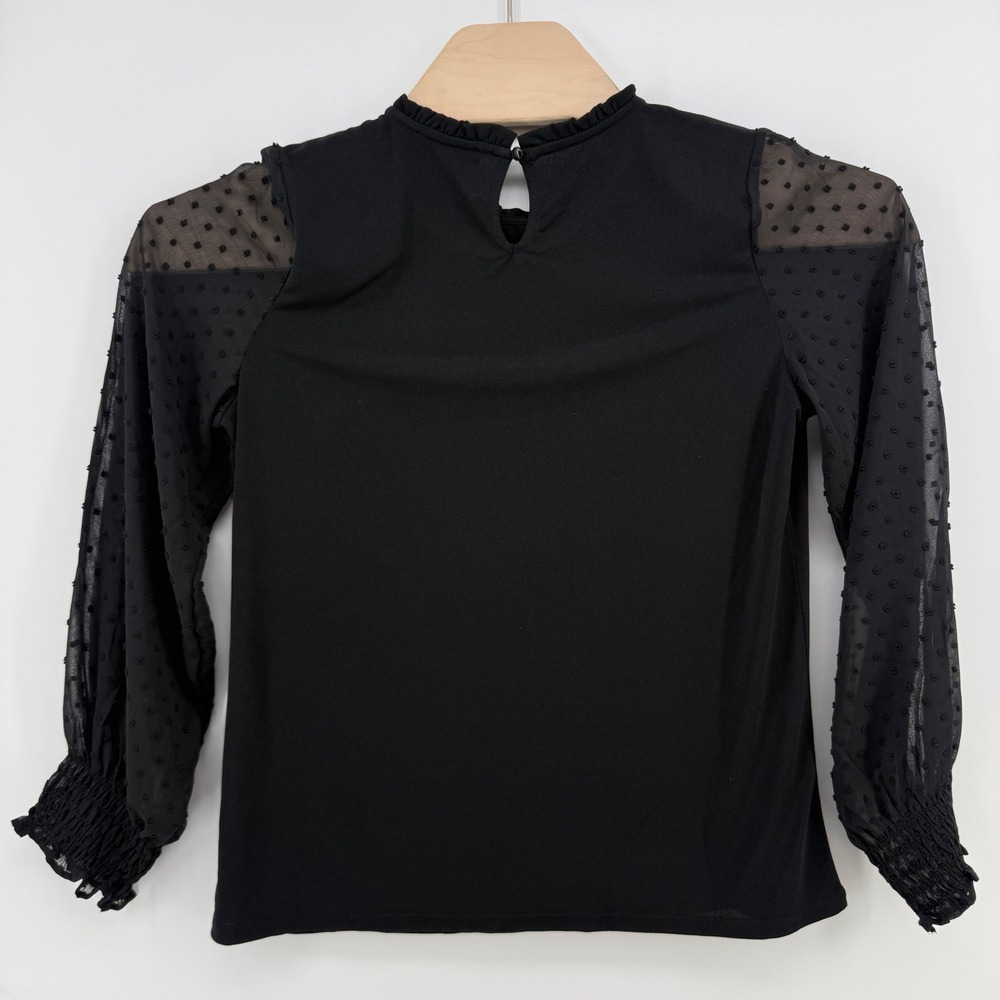Adrianna Papell Top Womens M Black Sheer Swiss Dot Sleeve Ruffle Neck NWT - Picture 3 of 9